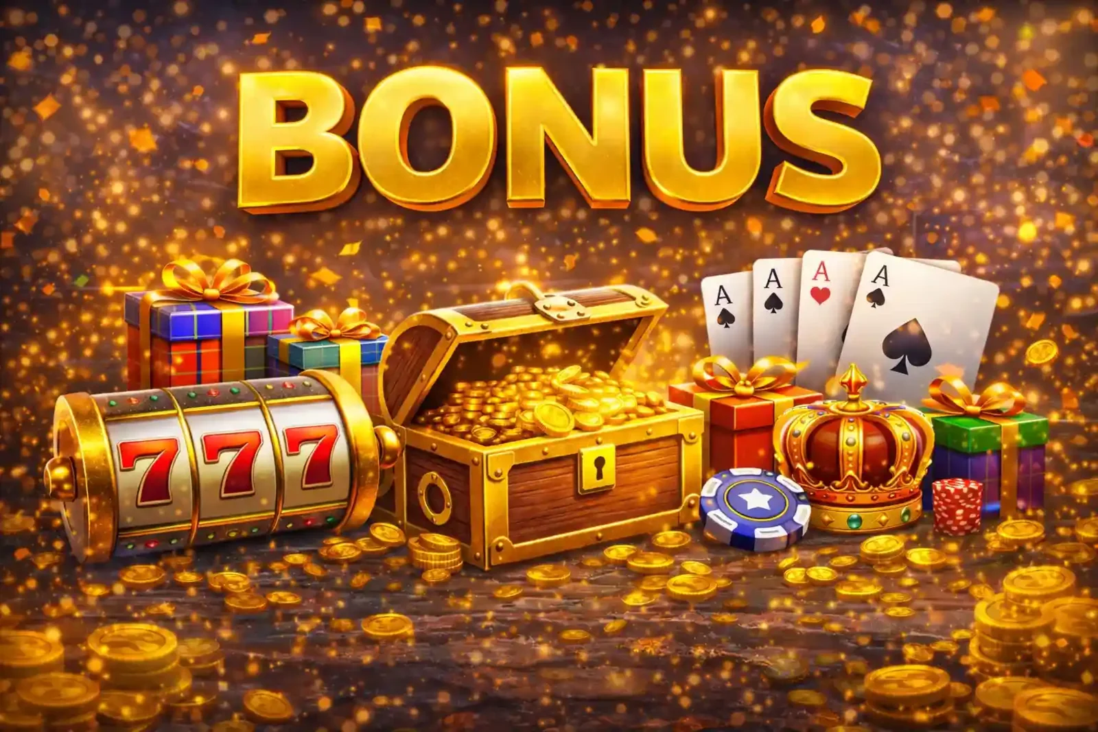 Premium casino bonuses display with slot machine, treasure chest, playing cards and gift boxes