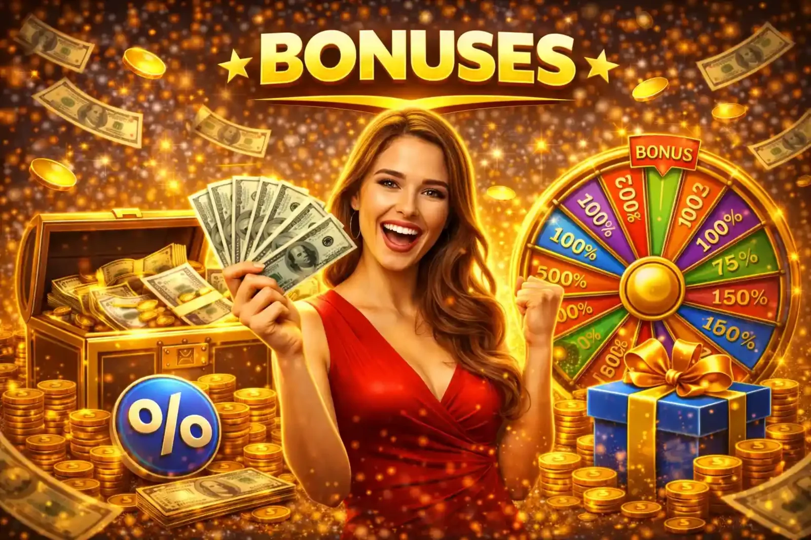 Attractive woman celebrating casino welcome bonus with cash, treasure chest and bonus wheel