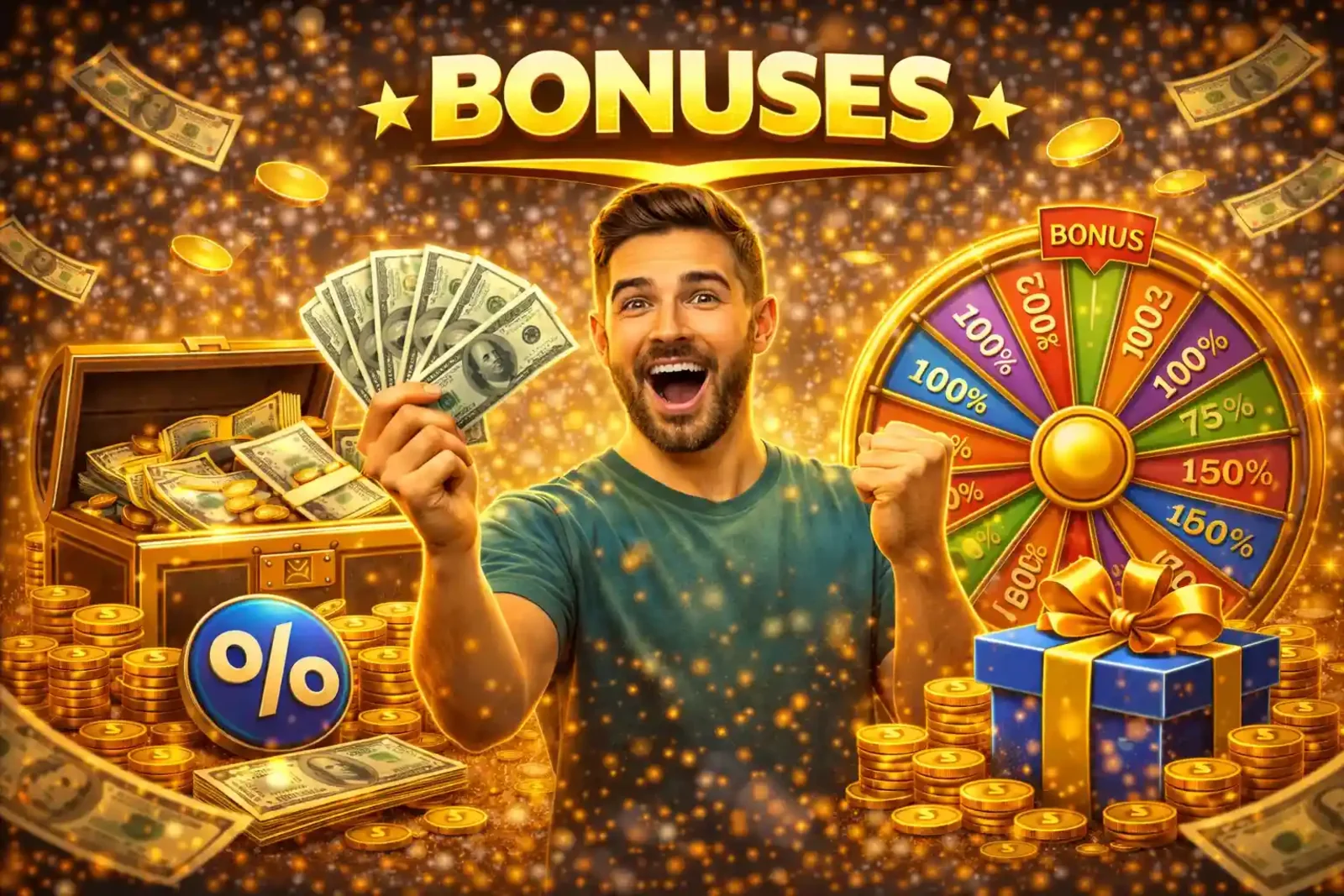 Excited male player holding cash celebrating casino bonuses with treasure and bonus wheel