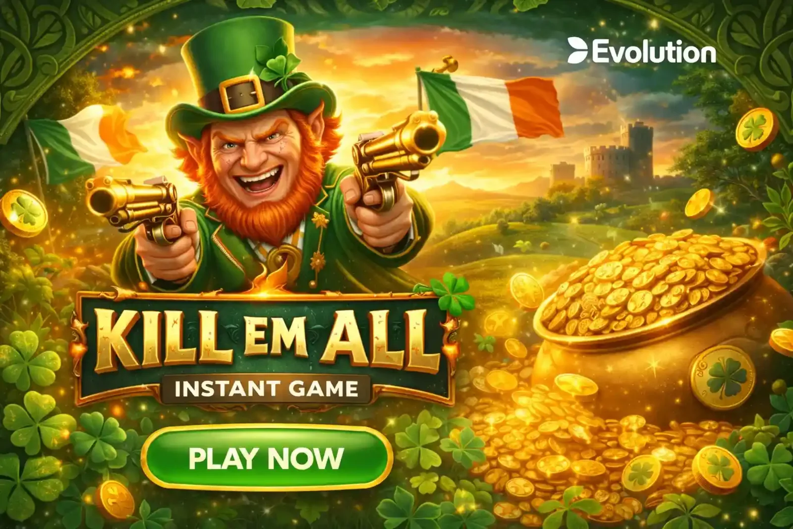 Kill Em All instant game featuring Irish leprechaun character with dual golden pistols and treasure