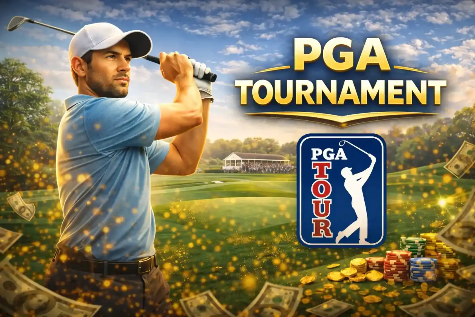 Professional golf tournament betting banner with PGA Tour branding and championship trophy