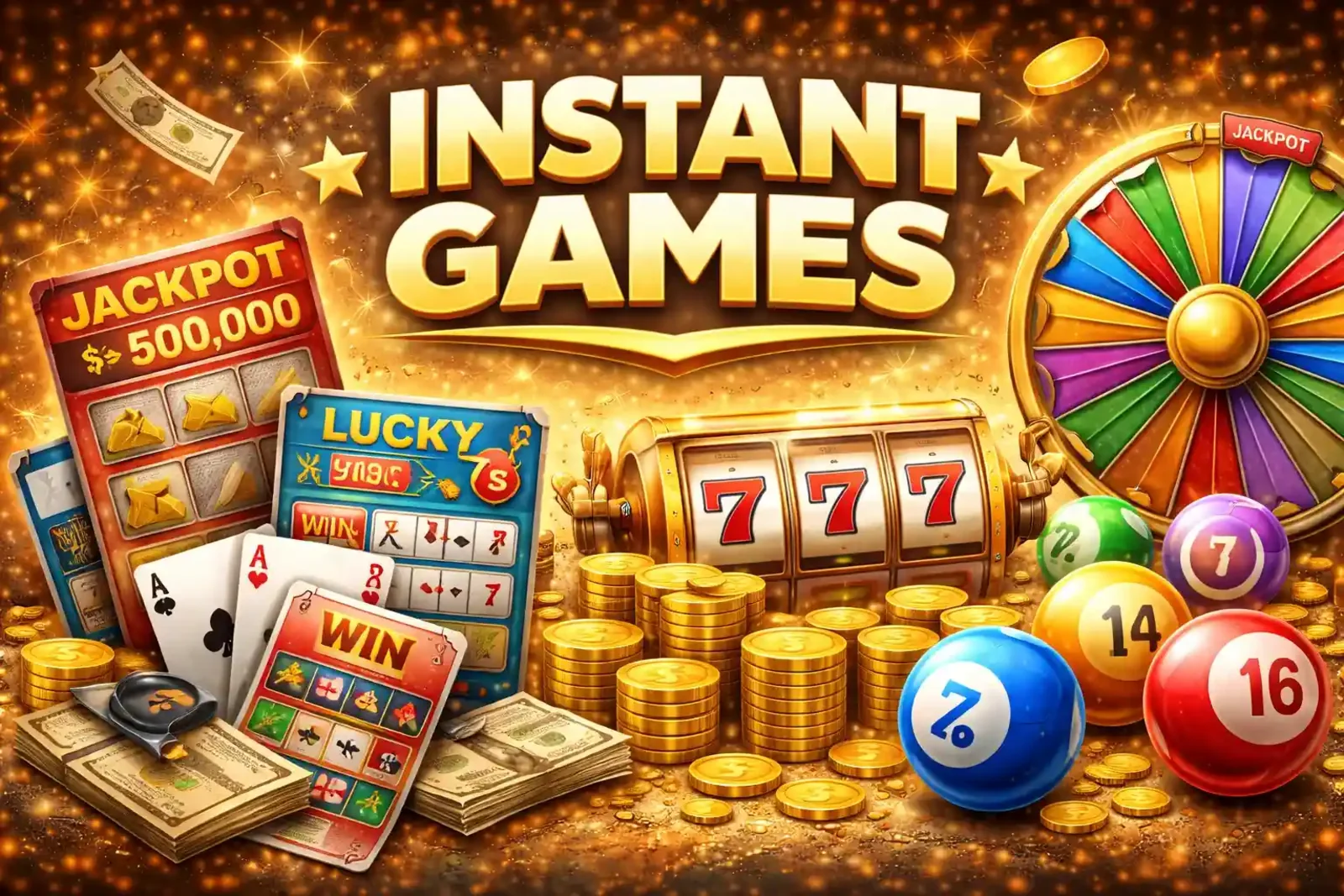 Collection of instant casino games including slots, scratch cards, bingo and wheel of fortune