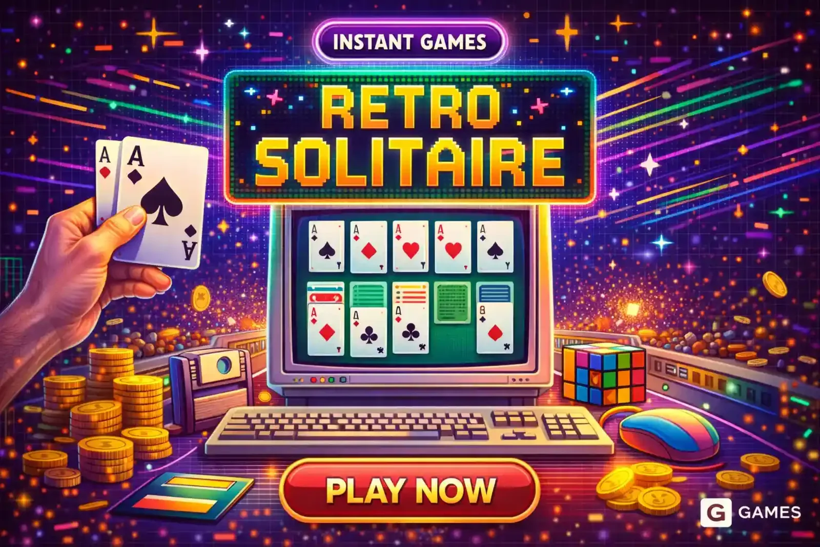 Contemporary instant solitaire game with neon graphics and playing cards on vintage computer