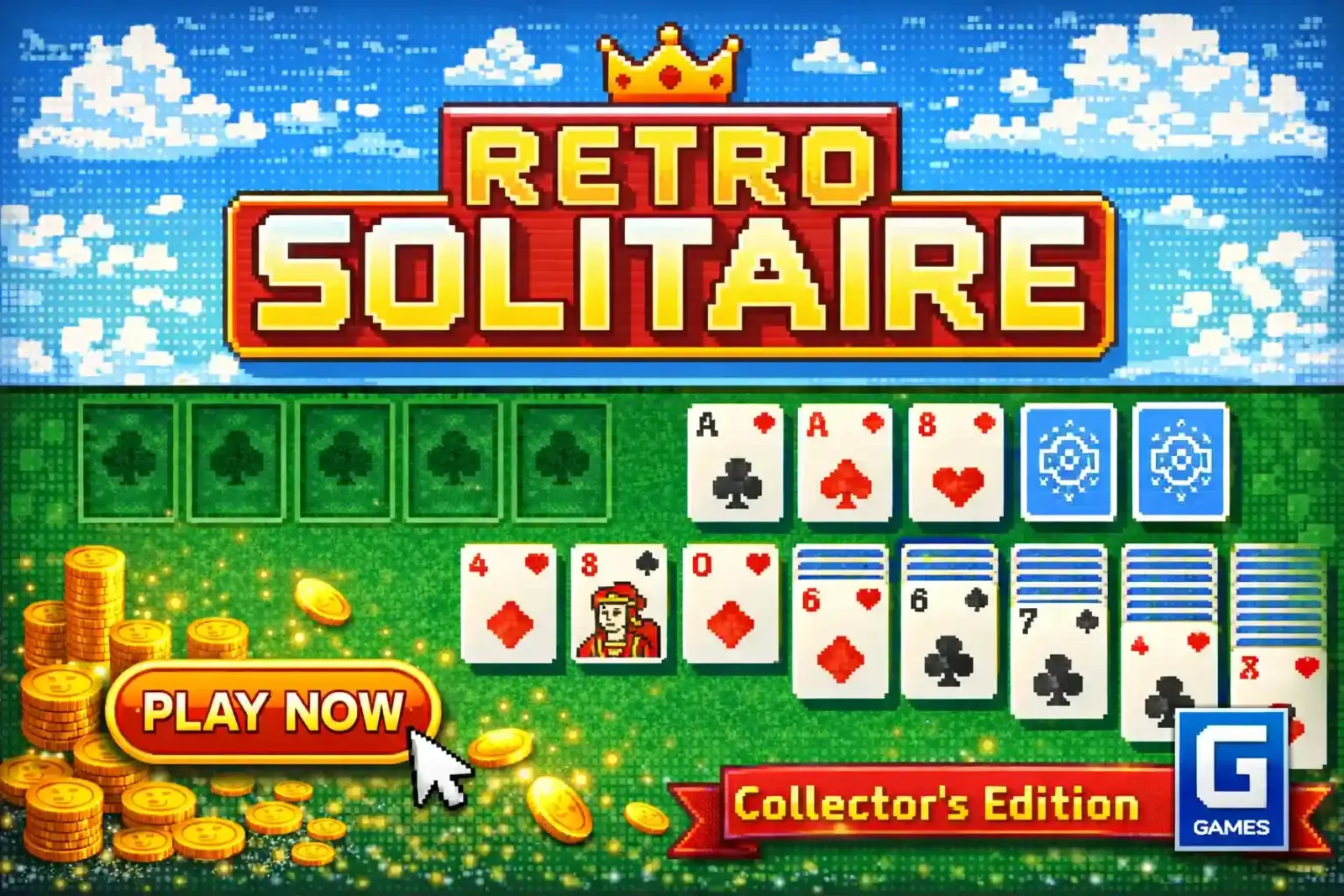 Classic retro styled solitaire card game with pixel art collector's edition design