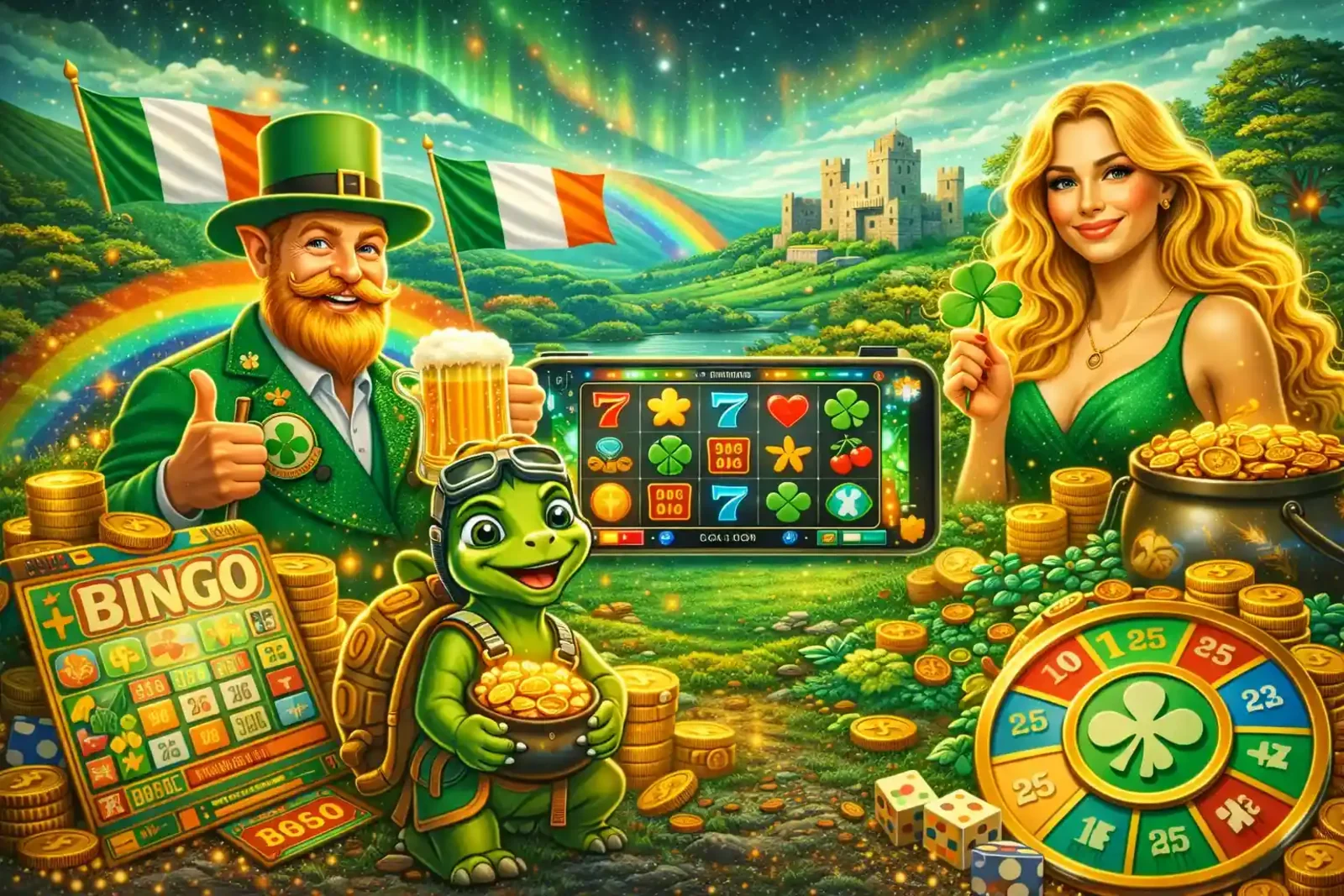 Mobile casino interface displaying Irish themed slot machine with leprechaun and lucky symbols