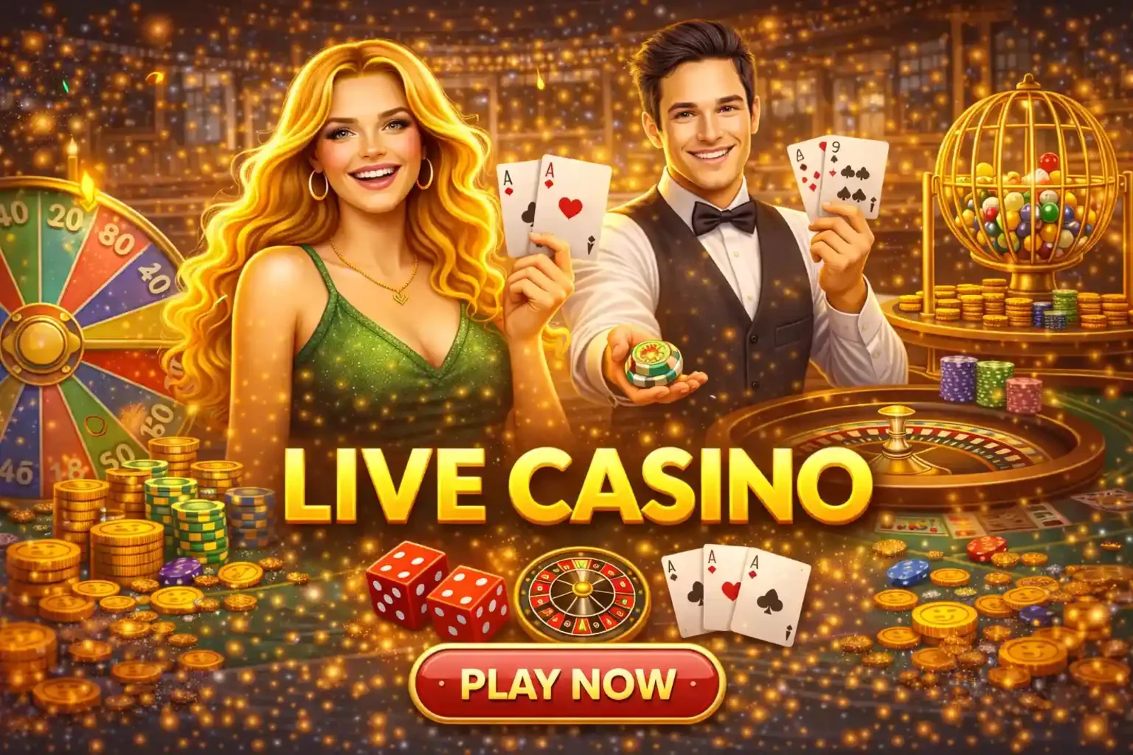 Professional live casino dealers hosting blackjack and roulette with golden lighting atmosphere