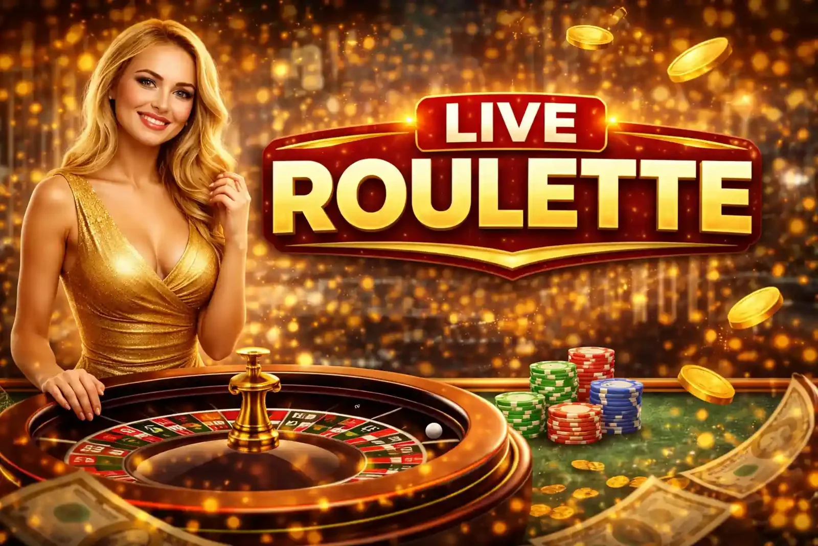 Elegant live roulette wheel and table with professional female dealer in golden dress