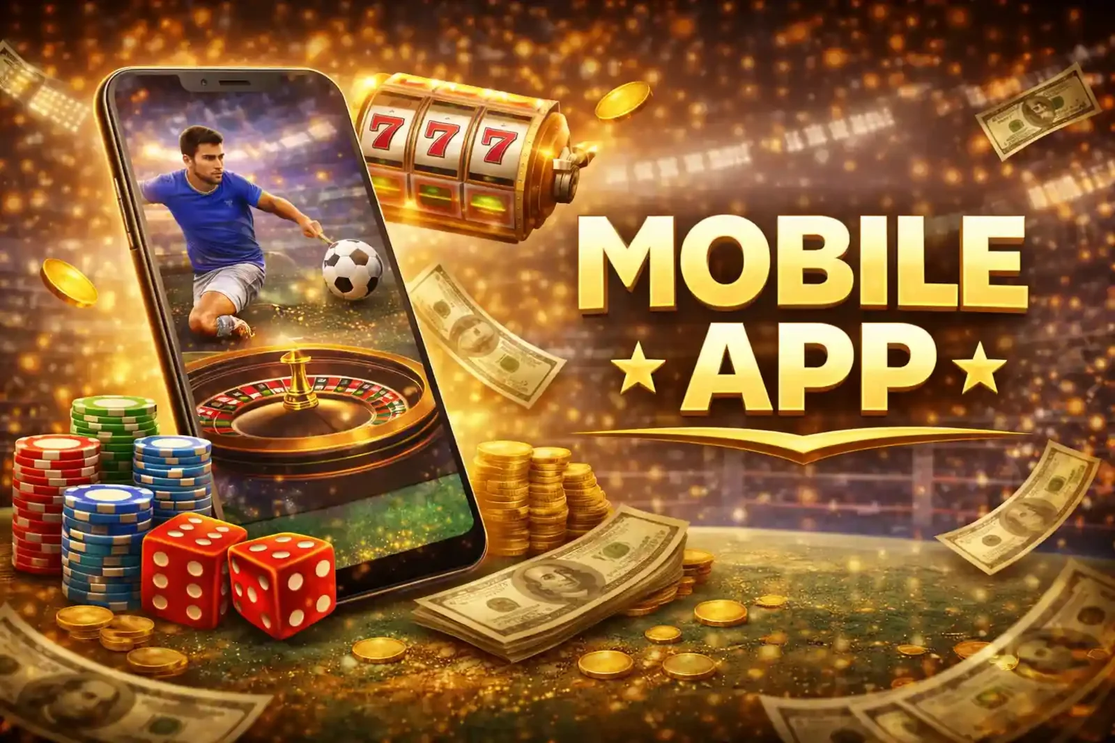 Mobile casino app featuring sports betting, slots, roulette and dice games with golden coins