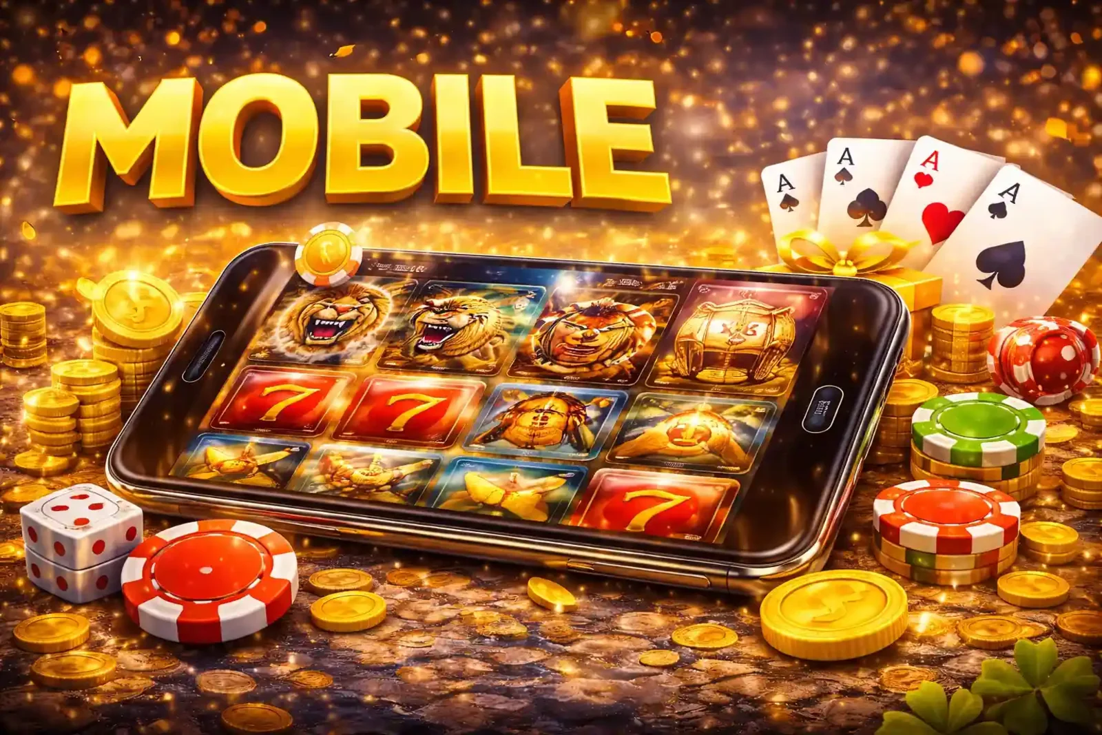 Mobile phone showing casino slot game interface with tiger symbols and playing cards