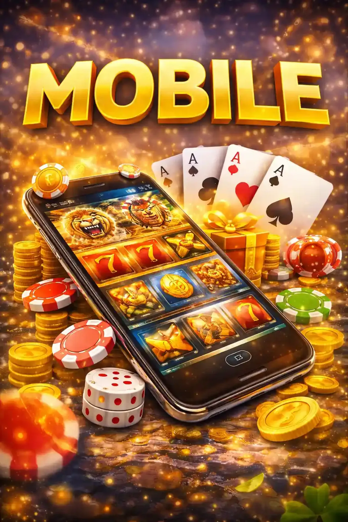 Smartphone displaying mobile slot games with lion symbols, aces and casino chips