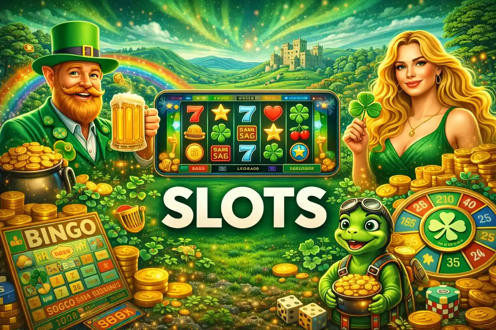 Colorful Irish themed slots with leprechaun, lucky charms, bingo and roulette games