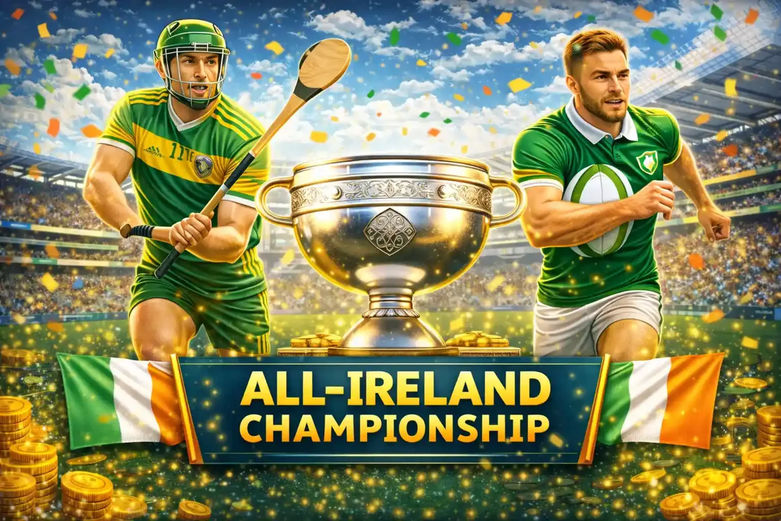 All Ireland hurling and rugby championship with trophy and Irish athletes competing
