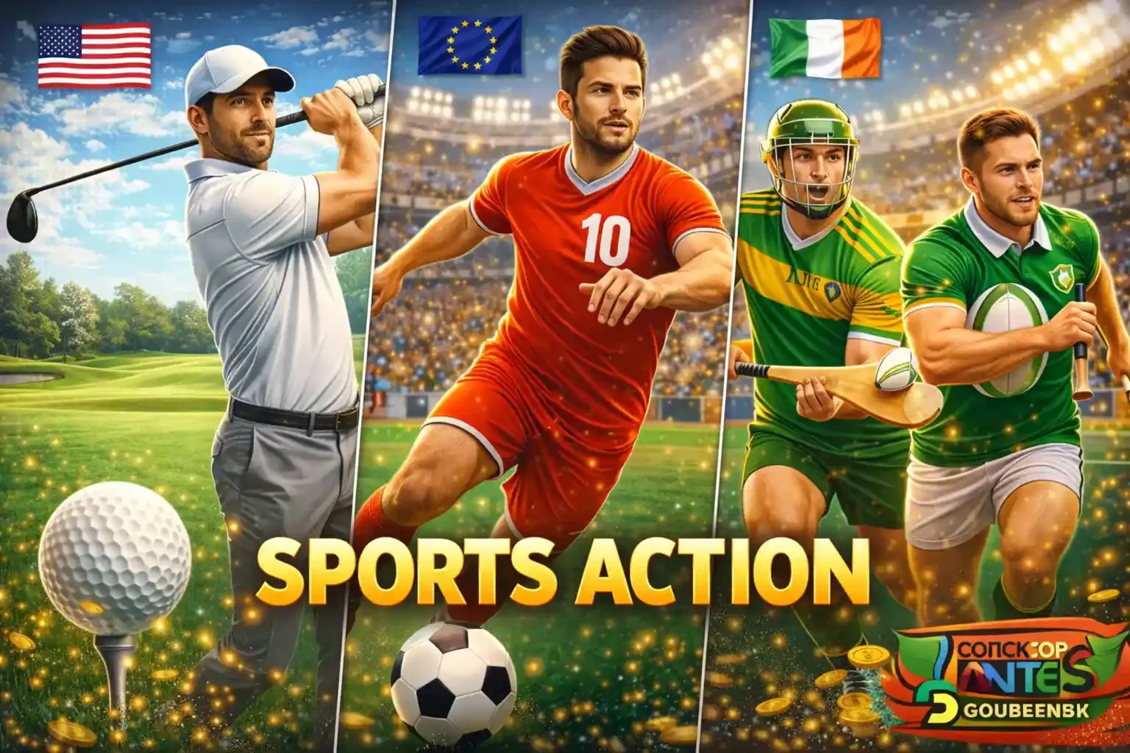 Multi sport betting featuring golf, soccer and rugby with American, European and Irish flags